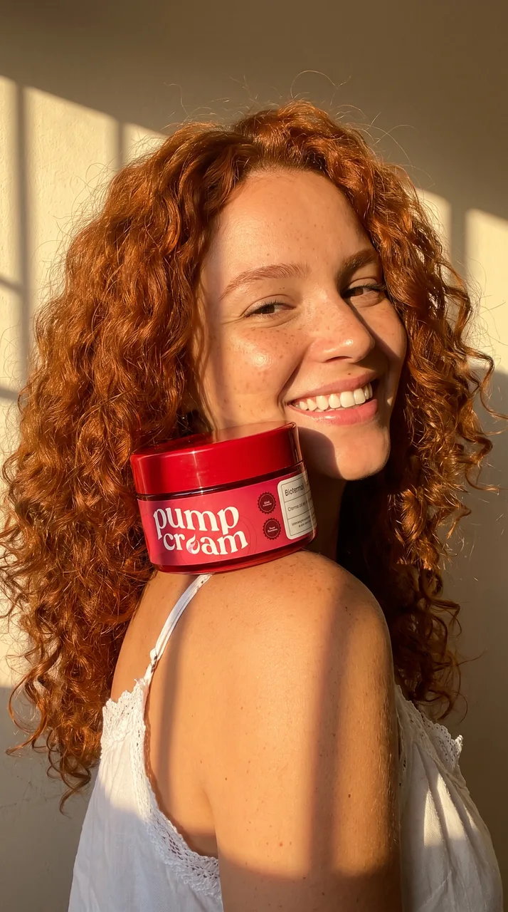 Mulher ruiva na luz do fim de tarde com o pote de Pump Cream no ombro