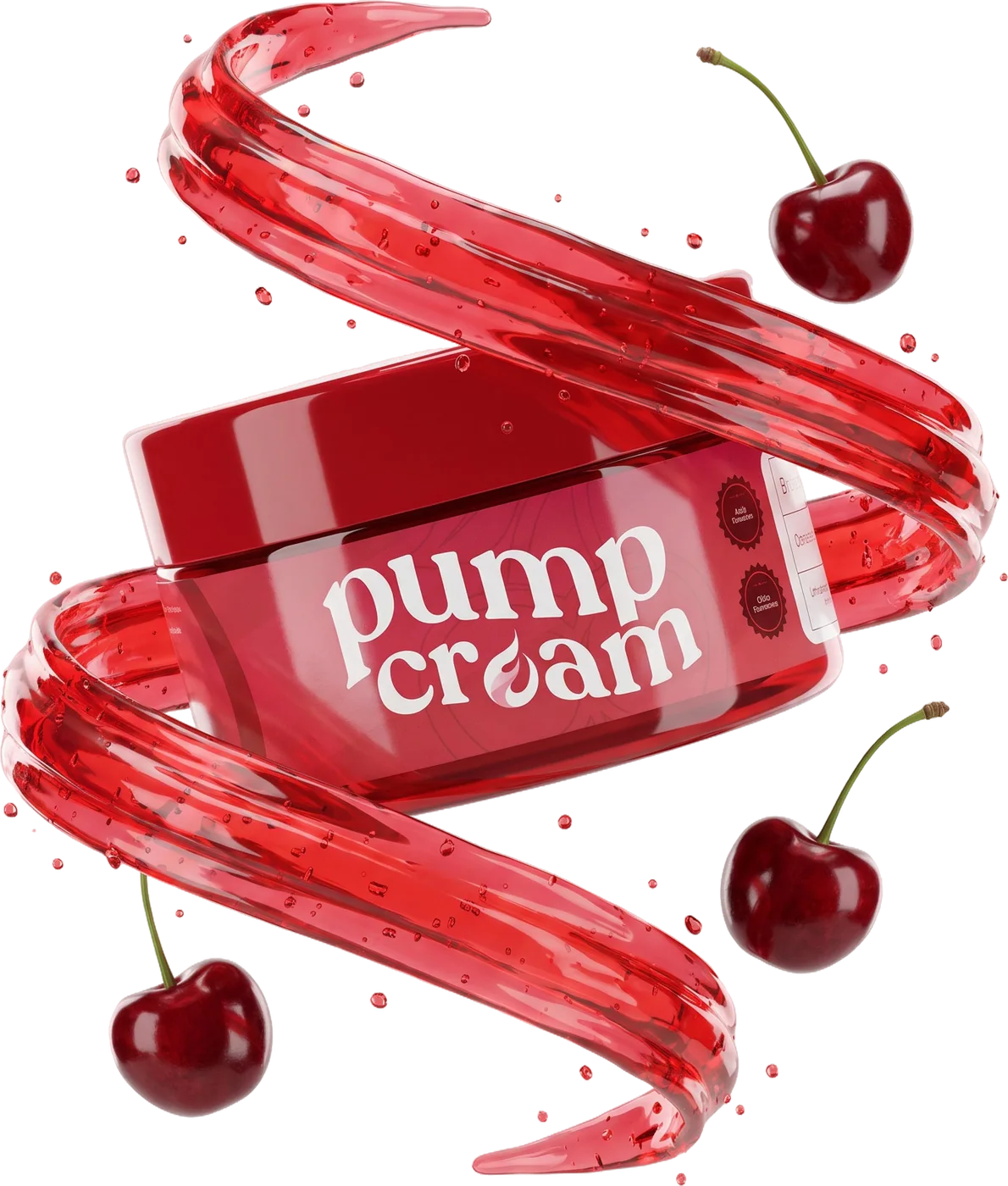 Pote de Pump Cream flutuando envolto por uma espiral de gel vermelho e cerejas