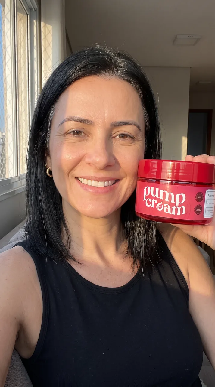 Mulher sorrindo perto da janela com o pote de Pump Cream