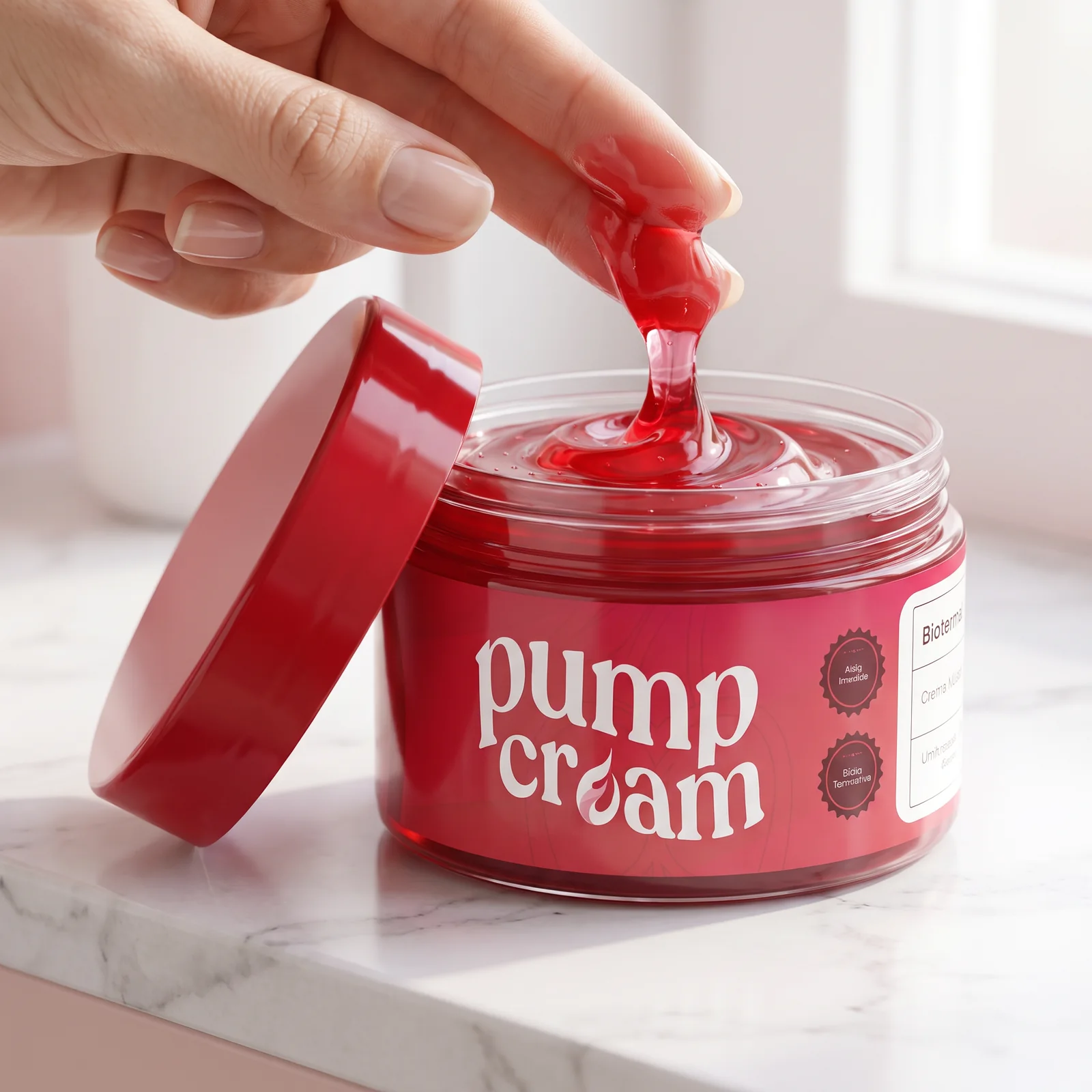 Dedos retirando o gel vermelho do pote transparente de Pump Cream